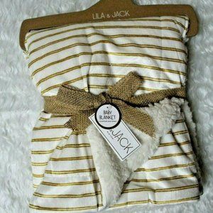 NWT BABY GIFT - LILA & JACK Blanket Gold Stripe, Sherpa Reverse 30x40 Soft cozy